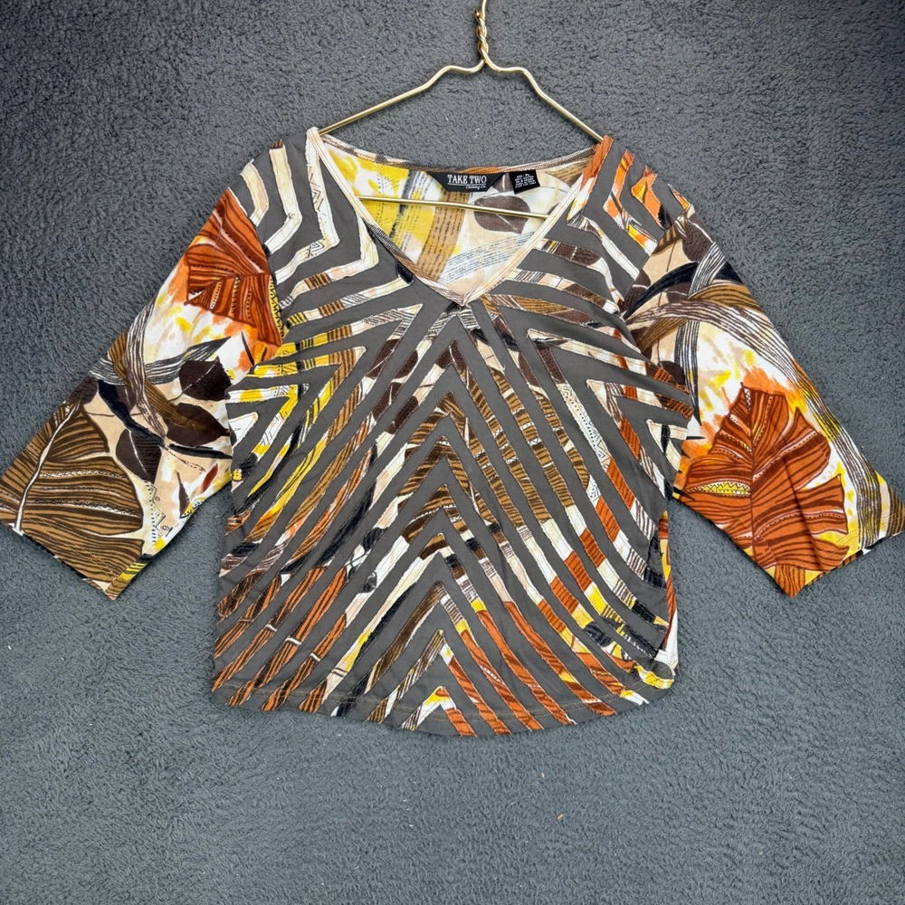 Take Two Clothing Co Brown Abstract Geometric Cotton V-Neck Top Petite Large